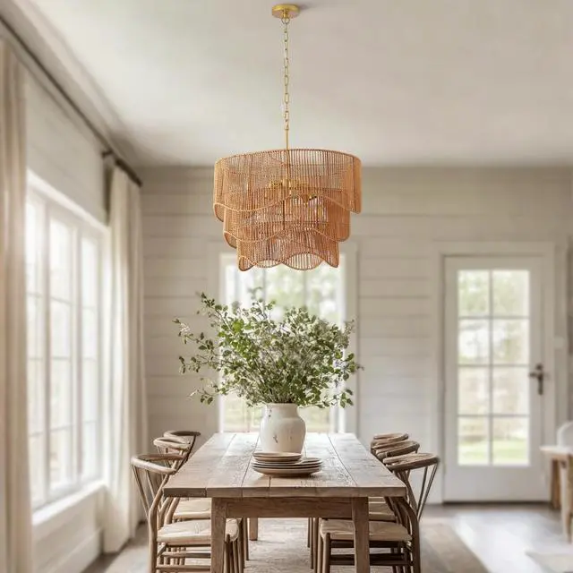 Alt view image 6 of 7 - Handwoven Paper Rattan Boho Chandelier with 7-Light E26 Base, 60Cm Adjustable Height Wave Pendant Light for Living Room, Sloped Ceiling Compatible, Sturdy Metal Hardware, Warm Glow for Dining Room