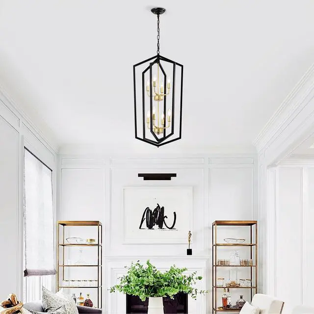 Alt view image 3 of 7 - 8-Light Lantern Tired Farmhouse Ceiling Hanging Light Black Chandelier Metal Modern Pendant Light Fixtures for Kitchen Island Dining Room Living Room Foyer Entryway(E12 Bulbs Not included)