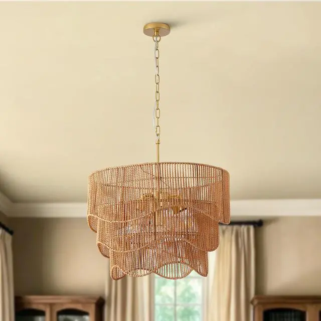 Alt view image 5 of 7 - Handwoven Paper Rattan Boho Chandelier with 7-Light E26 Base, 60Cm Adjustable Height Wave Pendant Light for Living Room, Sloped Ceiling Compatible, Sturdy Metal Hardware, Warm Glow for Dining Room