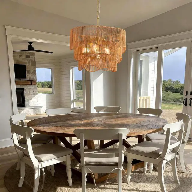 Alt view image 7 of 7 - Handwoven Paper Rattan Boho Chandelier with 7-Light E26 Base, 60Cm Adjustable Height Wave Pendant Light for Living Room, Sloped Ceiling Compatible, Sturdy Metal Hardware, Warm Glow for Dining Room