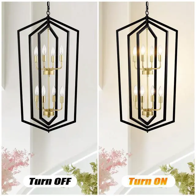 Alt view image 7 of 7 - 8-Light Lantern Tired Farmhouse Ceiling Hanging Light Black Chandelier Metal Modern Pendant Light Fixtures for Kitchen Island Dining Room Living Room Foyer Entryway(E12 Bulbs Not included)