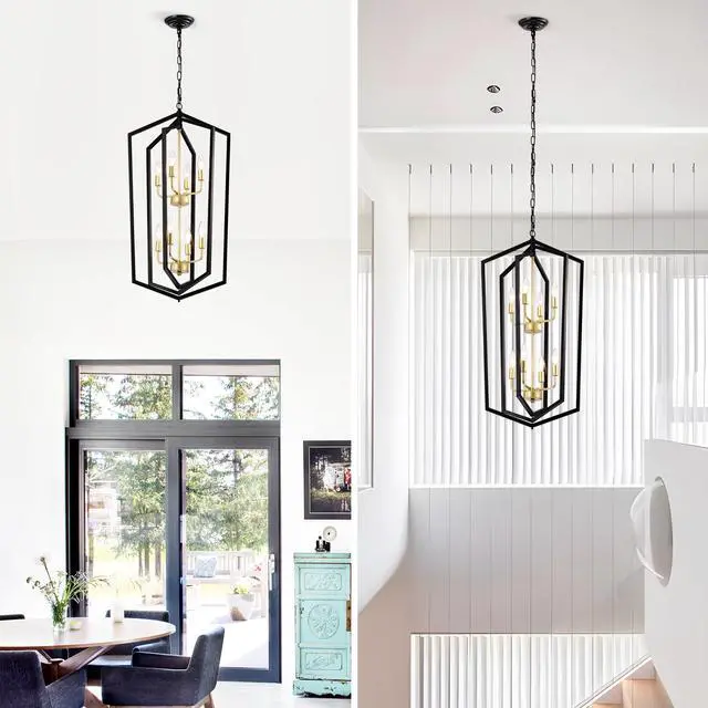 Alt view image 4 of 7 - 8-Light Lantern Tired Farmhouse Ceiling Hanging Light Black Chandelier Metal Modern Pendant Light Fixtures for Kitchen Island Dining Room Living Room Foyer Entryway(E12 Bulbs Not included)
