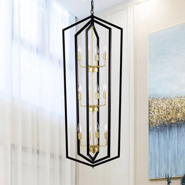 Alt view image 2 of 7 - 12-Light Lantern Tired Farmhouse Ceiling Hanging Light Black Chandelier Metal Modern Pendant Light Fixtures for Kitchen Island Dining Room Living Room Foyer Entryway(E12 Bulbs Not included)
