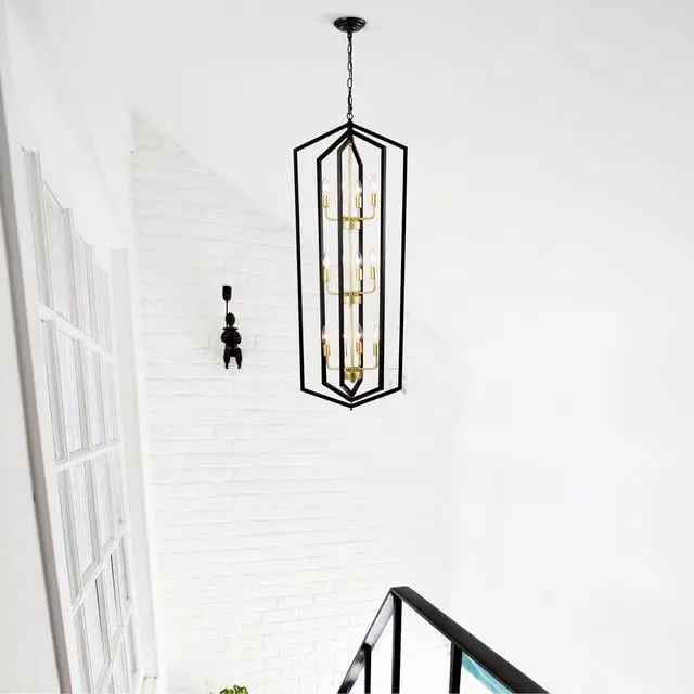 Alt view image 3 of 7 - 12-Light Lantern Tired Farmhouse Ceiling Hanging Light Black Chandelier Metal Modern Pendant Light Fixtures for Kitchen Island Dining Room Living Room Foyer Entryway(E12 Bulbs Not included)