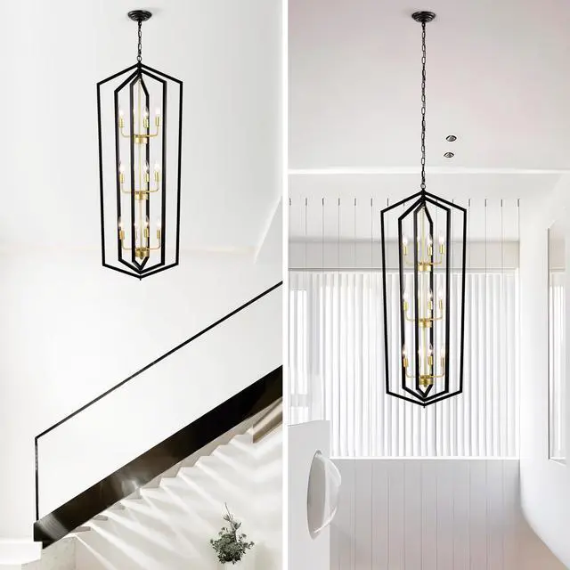 Alt view image 4 of 7 - 12-Light Lantern Tired Farmhouse Ceiling Hanging Light Black Chandelier Metal Modern Pendant Light Fixtures for Kitchen Island Dining Room Living Room Foyer Entryway(E12 Bulbs Not included)