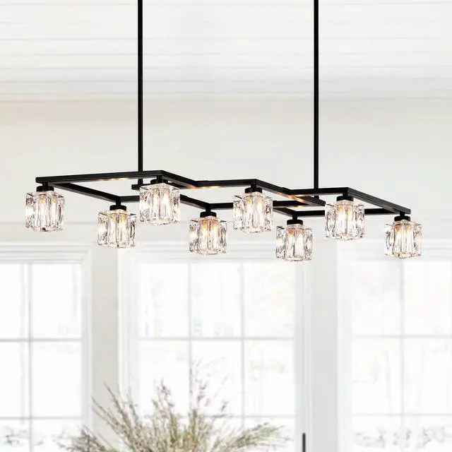 Alt view image 3 of 7 - Matte Black Crystal Chandelier for Dining Room, 8-Light Kitchen Chandelier Light Fixture Modern Metal industrial Chandeliers for Farmhouse Entryway Living Room (8*G9 Bulbs included)