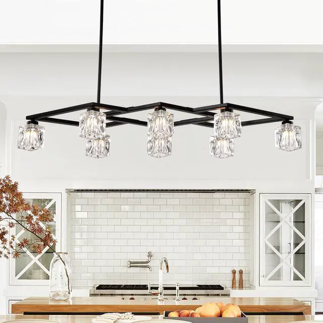 Alt view image 2 of 7 - Matte Black Crystal Chandelier for Dining Room, 8-Light Kitchen Chandelier Light Fixture Modern Metal industrial Chandeliers for Farmhouse Entryway Living Room (8*G9 Bulbs included)