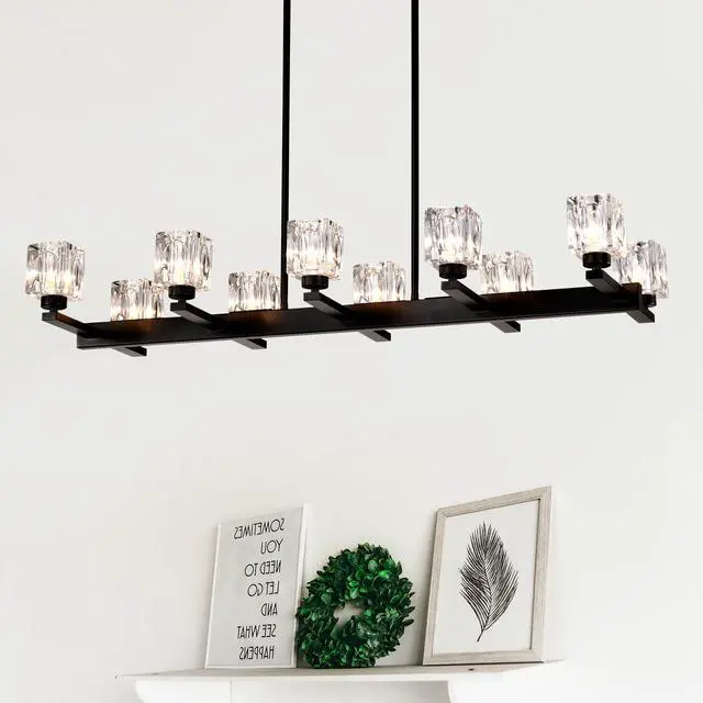 Alt view image 2 of 7 - Chandelier for Dining Room, 10-Light Black Farmhouse Linear Pendant Light Fixture, Modern Crystal Hanging Lighting Chandelier for Kitchen Island, Bar, Long Table, G9 Bulb(10*G9*Max 40W)