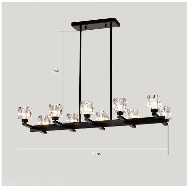 Alt view image 5 of 7 - Chandelier for Dining Room, 10-Light Black Farmhouse Linear Pendant Light Fixture, Modern Crystal Hanging Lighting Chandelier for Kitchen Island, Bar, Long Table, G9 Bulb(10*G9*Max 40W)