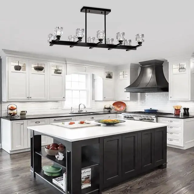 Alt view image 4 of 7 - Chandelier for Dining Room, 10-Light Black Farmhouse Linear Pendant Light Fixture, Modern Crystal Hanging Lighting Chandelier for Kitchen Island, Bar, Long Table, G9 Bulb(10*G9*Max 40W)