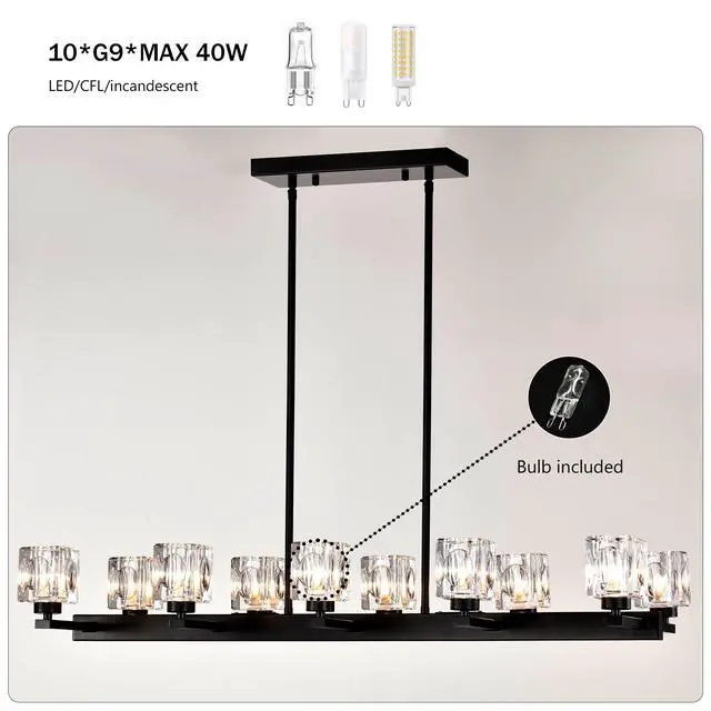 Alt view image 6 of 7 - Chandelier for Dining Room, 10-Light Black Farmhouse Linear Pendant Light Fixture, Modern Crystal Hanging Lighting Chandelier for Kitchen Island, Bar, Long Table, G9 Bulb(10*G9*Max 40W)