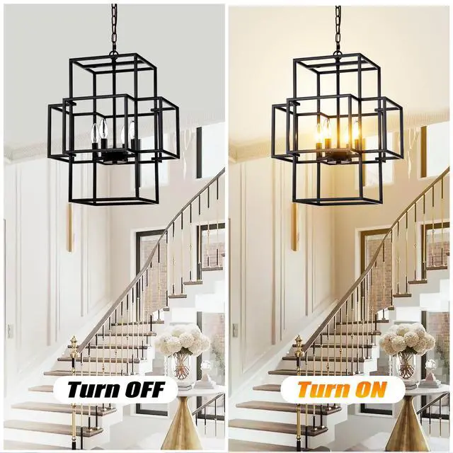 Alt view image 2 of 7 - 4-Light Metal Lantern Tiered Pendant Hanging Light Fixtures, industrial Farmhouse Adjustable Height Chandeliers for Dining Room Hallway Foyer Entryway--Matte Black (E12 Bulbs Not included)