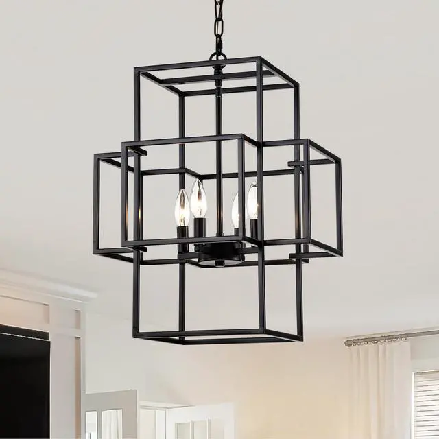 Alt view image 5 of 7 - 4-Light Metal Lantern Tiered Pendant Hanging Light Fixtures, industrial Farmhouse Adjustable Height Chandeliers for Dining Room Hallway Foyer Entryway--Matte Black (E12 Bulbs Not included)
