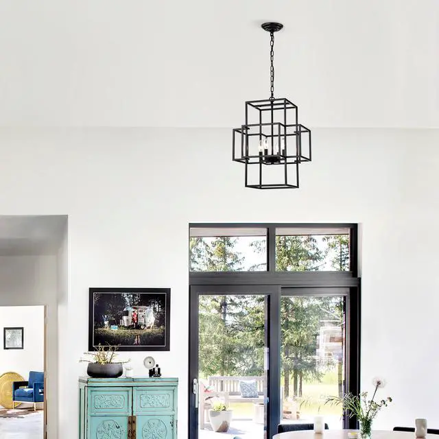 Alt view image 7 of 7 - 4-Light Metal Lantern Tiered Pendant Hanging Light Fixtures, industrial Farmhouse Adjustable Height Chandeliers for Dining Room Hallway Foyer Entryway--Matte Black (E12 Bulbs Not included)