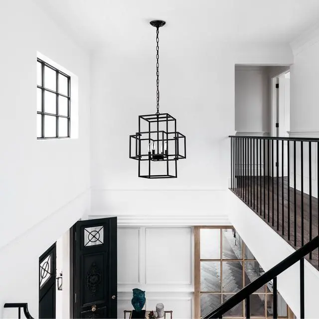 Alt view image 6 of 7 - 4-Light Metal Lantern Tiered Pendant Hanging Light Fixtures, industrial Farmhouse Adjustable Height Chandeliers for Dining Room Hallway Foyer Entryway--Matte Black (E12 Bulbs Not included)