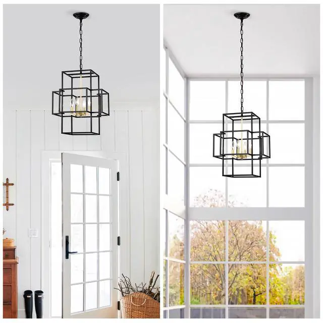 Alt view image 2 of 7 - 4-Light Metal Lantern Tiered Pendant Hanging Light Fixtures, industrial Farmhouse Adjustable Height Chandeliers for Dining Room Hallway Foyer Entryway--Matte Black & Gold (E12 Bulbs Not included)
