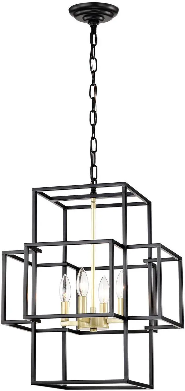 Main image of 4-Light Metal Lantern Tiered Pendant Hanging Light Fixtures, industrial Farmhouse Adjustable Height Chandeliers for Dining Room Hallway Foyer Entryway--Matte Black & Gold (E12 Bulbs Not included)