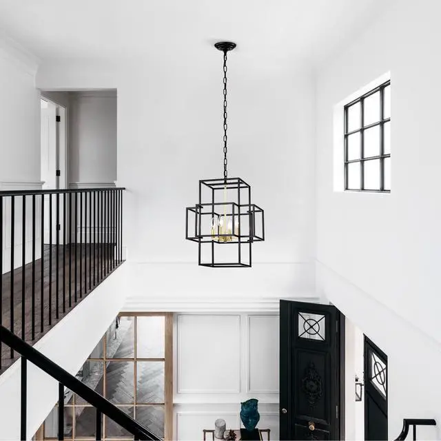 Alt view image 5 of 7 - 4-Light Metal Lantern Tiered Pendant Hanging Light Fixtures, industrial Farmhouse Adjustable Height Chandeliers for Dining Room Hallway Foyer Entryway--Matte Black & Gold (E12 Bulbs Not included)