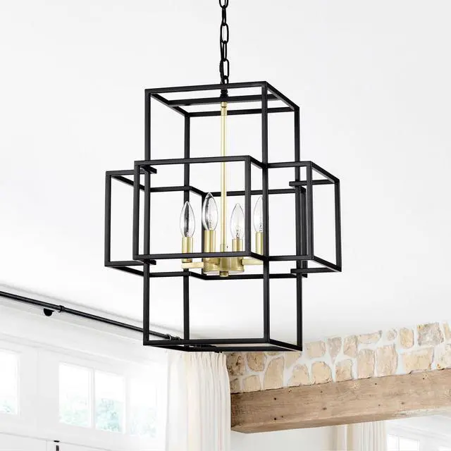 Alt view image 4 of 7 - 4-Light Metal Lantern Tiered Pendant Hanging Light Fixtures, industrial Farmhouse Adjustable Height Chandeliers for Dining Room Hallway Foyer Entryway--Matte Black & Gold (E12 Bulbs Not included)