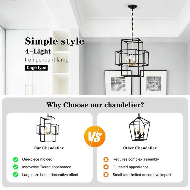 Alt view image 7 of 7 - 4-Light Metal Lantern Tiered Pendant Hanging Light Fixtures, industrial Farmhouse Adjustable Height Chandeliers for Dining Room Hallway Foyer Entryway--Matte Black & Gold (E12 Bulbs Not included)