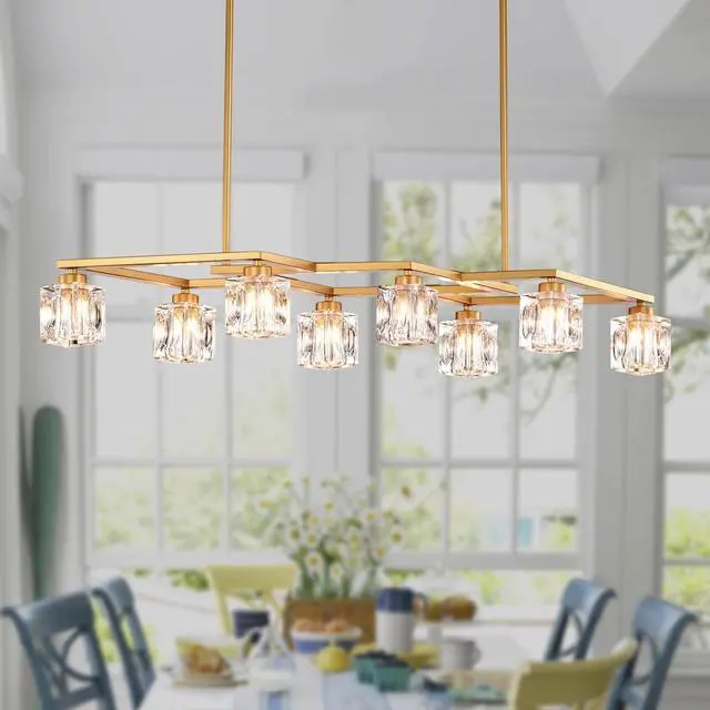 Alt view image 2 of 7 - Crystal Chandelier for Dining Room, 8-Light Kitchen Chandelier Light Fixture Modern Metal industrial Chandeliers for Farmhouse Entryway Living Room--Matte Gold (8*G9 Bulbs included)