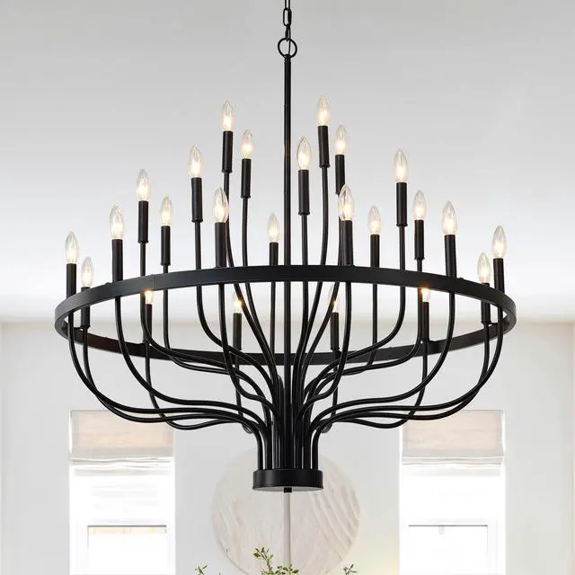 Alt view image 2 of 7 - 24-Light Black Chandelier industrial Iron Candle Chandelier Modern Suspended Farmhouse Chandeliers Pendant Light Fixtures for Dining Room Bedroom Living Room Kitchen Island Foyer E12 Bulb (No include)