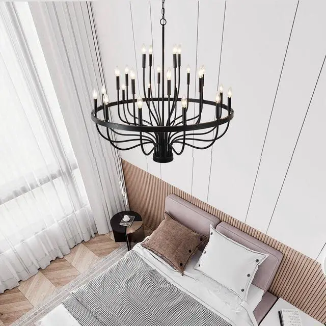 Alt view image 7 of 7 - 24-Light Black Chandelier industrial Iron Candle Chandelier Modern Suspended Farmhouse Chandeliers Pendant Light Fixtures for Dining Room Bedroom Living Room Kitchen Island Foyer E12 Bulb (No include)