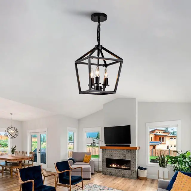 Alt view image 2 of 7 - Farmhouse Lantern Chandelier 3-Light, industrial Black Ceiling Light Fixture with Rustic Open Cage and Adjustable Hanging Height, E12 Base for Kitchen Island, Dining Room, Entryway, Foyer