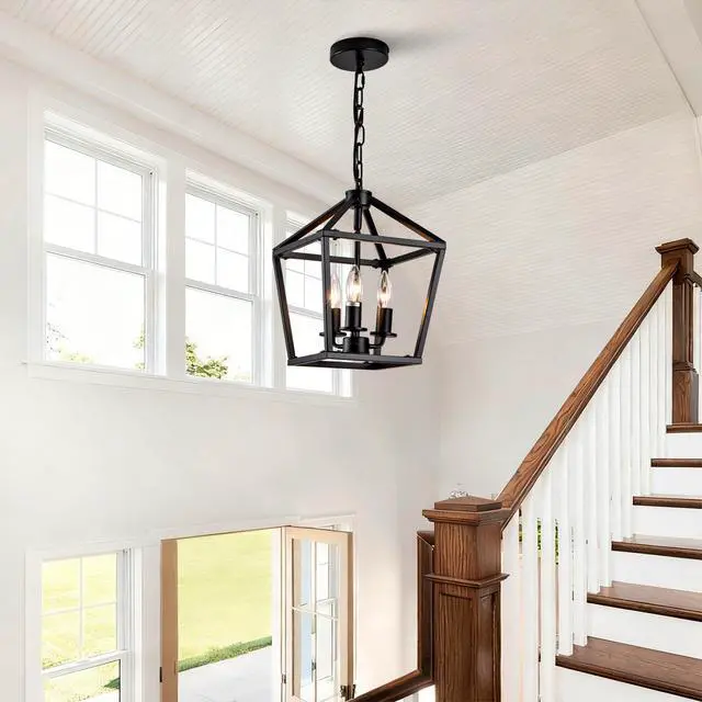 Alt view image 4 of 7 - Farmhouse Lantern Chandelier 3-Light, industrial Black Ceiling Light Fixture with Rustic Open Cage and Adjustable Hanging Height, E12 Base for Kitchen Island, Dining Room, Entryway, Foyer