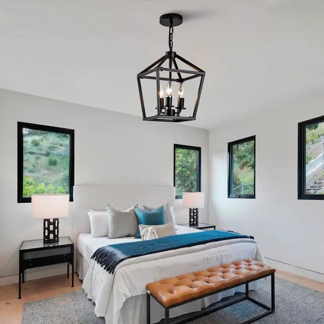 Alt view image 3 of 7 - Farmhouse Lantern Chandelier 3-Light, industrial Black Ceiling Light Fixture with Rustic Open Cage and Adjustable Hanging Height, E12 Base for Kitchen Island, Dining Room, Entryway, Foyer