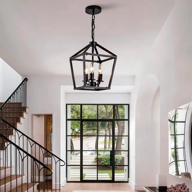 Alt view image 5 of 7 - Farmhouse Lantern Chandelier 3-Light, industrial Black Ceiling Light Fixture with Rustic Open Cage and Adjustable Hanging Height, E12 Base for Kitchen Island, Dining Room, Entryway, Foyer