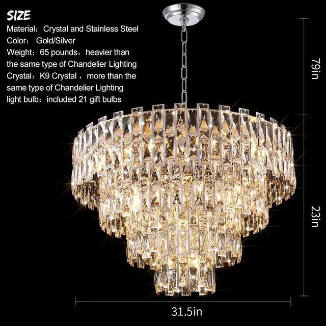 Alt view image 5 of 6 - Chrome Luxury Crystal Chandelier for Dining Room, 32-inch Modern Ceiling Light, French Empire Style with Premium K9 Crystals, Elegant Chrome Finish, Perfect for Living Room Or Bedroom, 21-Light Fixtur