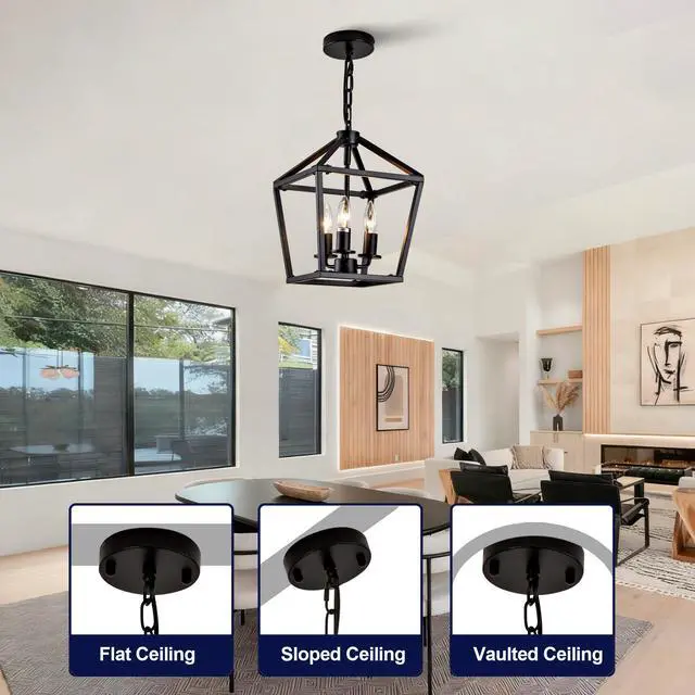 Alt view image 7 of 7 - Farmhouse Lantern Chandelier 3-Light, industrial Black Ceiling Light Fixture with Rustic Open Cage and Adjustable Hanging Height, E12 Base for Kitchen Island, Dining Room, Entryway, Foyer