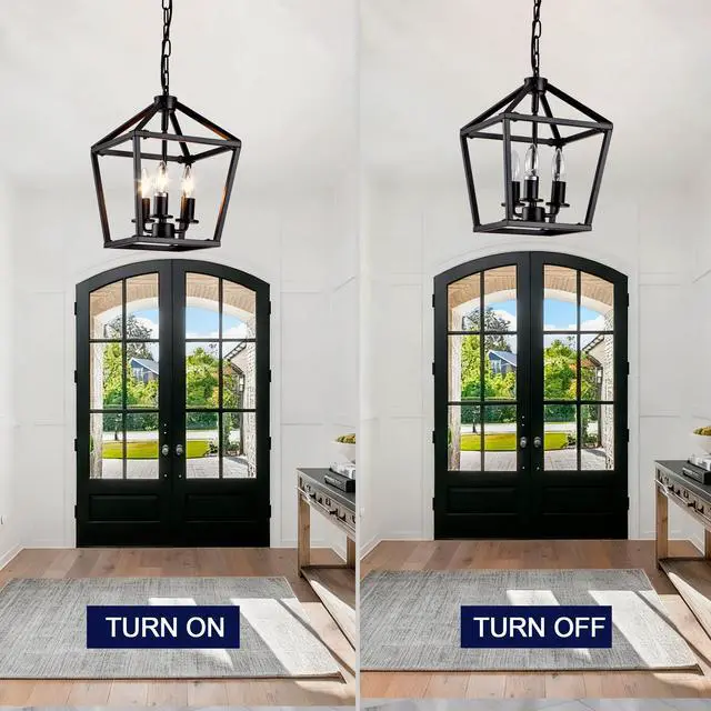 Alt view image 6 of 7 - Farmhouse Lantern Chandelier 3-Light, industrial Black Ceiling Light Fixture with Rustic Open Cage and Adjustable Hanging Height, E12 Base for Kitchen Island, Dining Room, Entryway, Foyer
