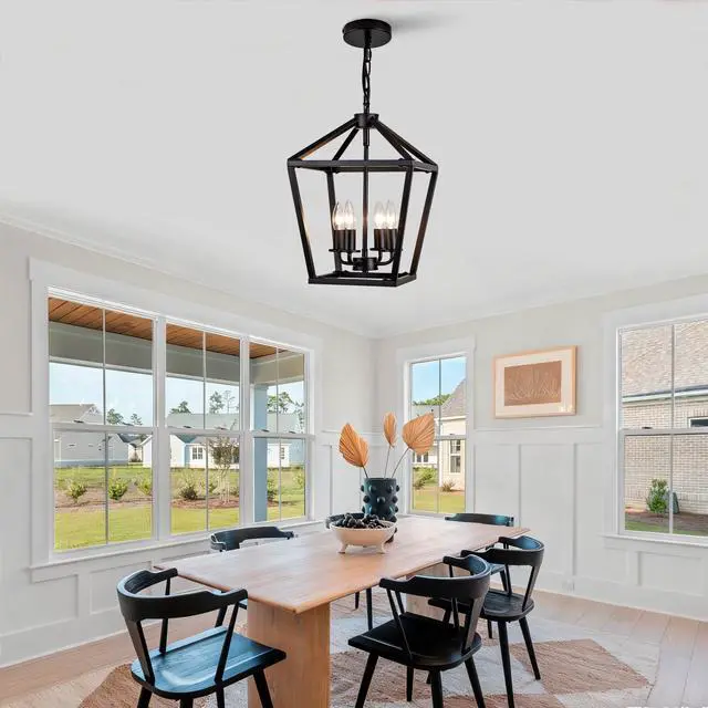 Main image of Farmhouse Lantern Chandelier 4-Light, industrial Black Ceiling Light Fixture with Rustic Open Cage and Adjustable Hanging Height, E12 Base for Kitchen Island, Dining Room, Entryway, Foyer