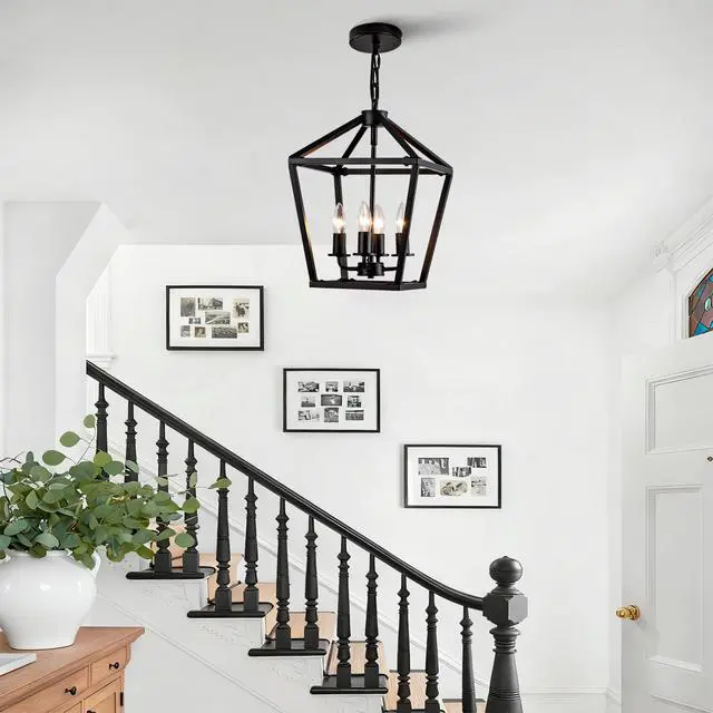 Alt view image 5 of 7 - Farmhouse Lantern Chandelier 4-Light, industrial Black Ceiling Light Fixture with Rustic Open Cage and Adjustable Hanging Height, E12 Base for Kitchen Island, Dining Room, Entryway, Foyer