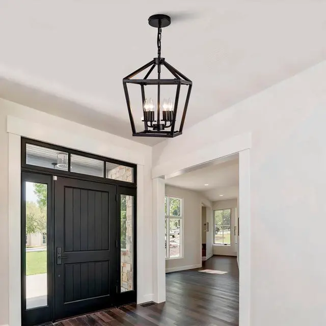Alt view image 4 of 7 - Farmhouse Lantern Chandelier 4-Light, industrial Black Ceiling Light Fixture with Rustic Open Cage and Adjustable Hanging Height, E12 Base for Kitchen Island, Dining Room, Entryway, Foyer