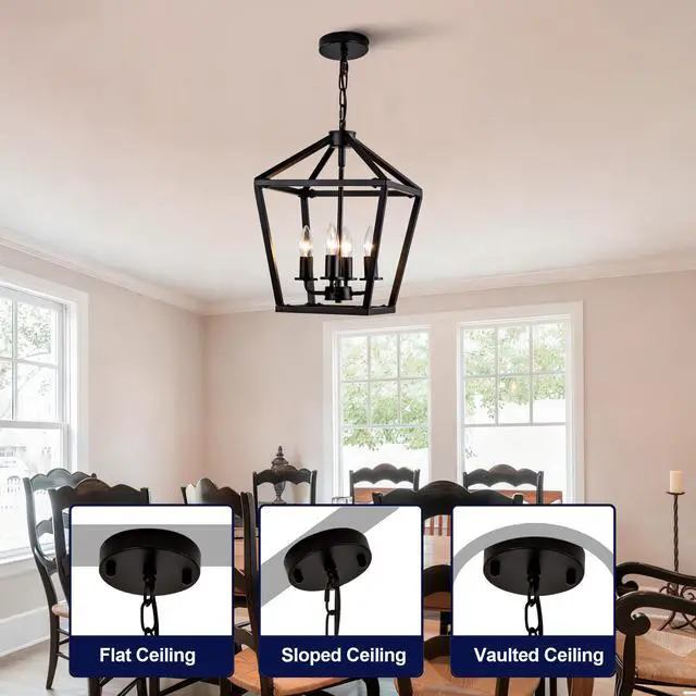 Alt view image 7 of 7 - Farmhouse Lantern Chandelier 4-Light, industrial Black Ceiling Light Fixture with Rustic Open Cage and Adjustable Hanging Height, E12 Base for Kitchen Island, Dining Room, Entryway, Foyer