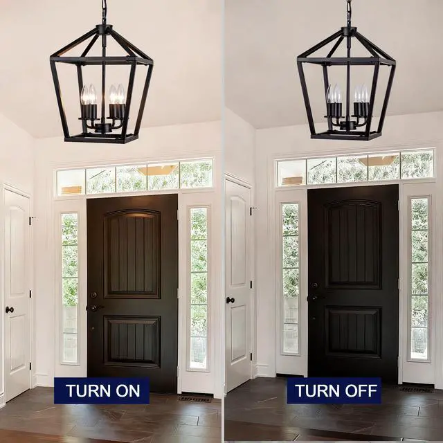 Alt view image 6 of 7 - Farmhouse Lantern Chandelier 4-Light, industrial Black Ceiling Light Fixture with Rustic Open Cage and Adjustable Hanging Height, E12 Base for Kitchen Island, Dining Room, Entryway, Foyer