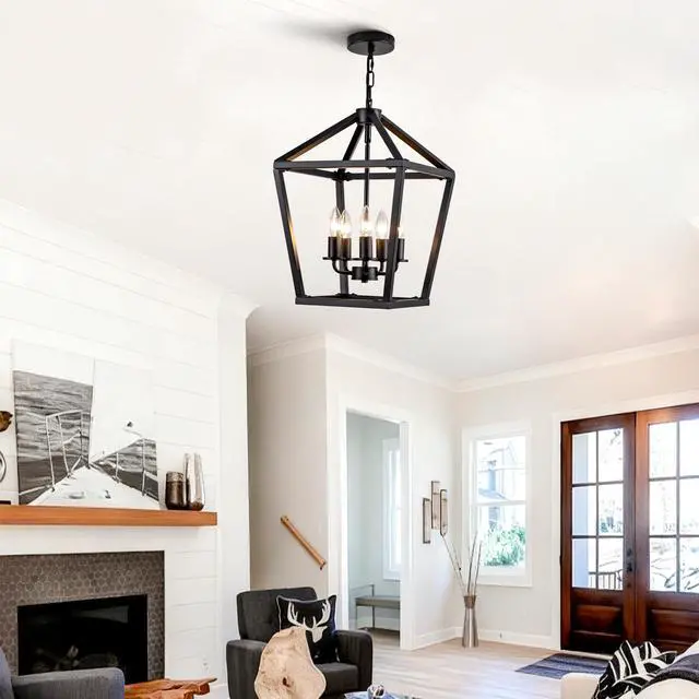Main image of Farmhouse Lantern Chandelier 5-Light, industrial Black Ceiling Light Fixture with Rustic Open Cage and Adjustable Hanging Height, E12 Base for Kitchen Island, Dining Room, Entryway, Foyer