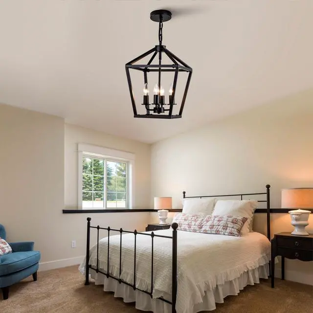 Alt view image 3 of 7 - Farmhouse Lantern Chandelier 4-Light, industrial Black Ceiling Light Fixture with Rustic Open Cage and Adjustable Hanging Height, E12 Base for Kitchen Island, Dining Room, Entryway, Foyer