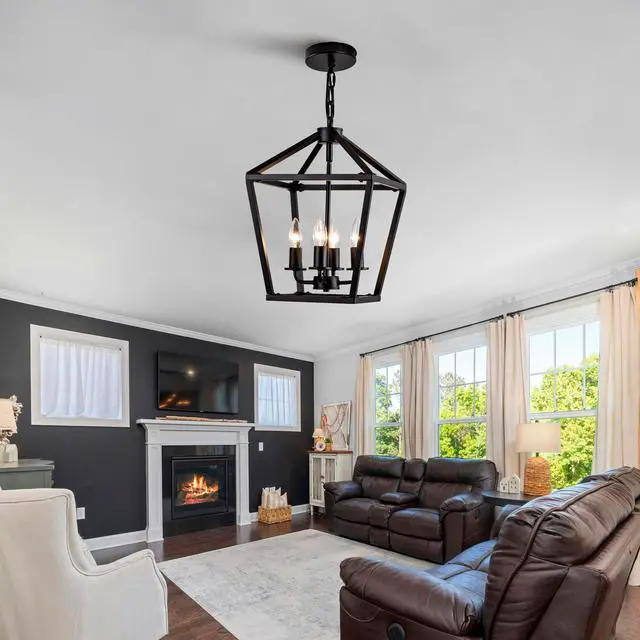 Alt view image 2 of 7 - Farmhouse Lantern Chandelier 4-Light, industrial Black Ceiling Light Fixture with Rustic Open Cage and Adjustable Hanging Height, E12 Base for Kitchen Island, Dining Room, Entryway, Foyer
