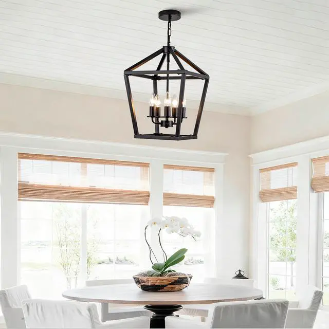 Alt view image 2 of 7 - Farmhouse Lantern Chandelier 5-Light, industrial Black Ceiling Light Fixture with Rustic Open Cage and Adjustable Hanging Height, E12 Base for Kitchen Island, Dining Room, Entryway, Foyer