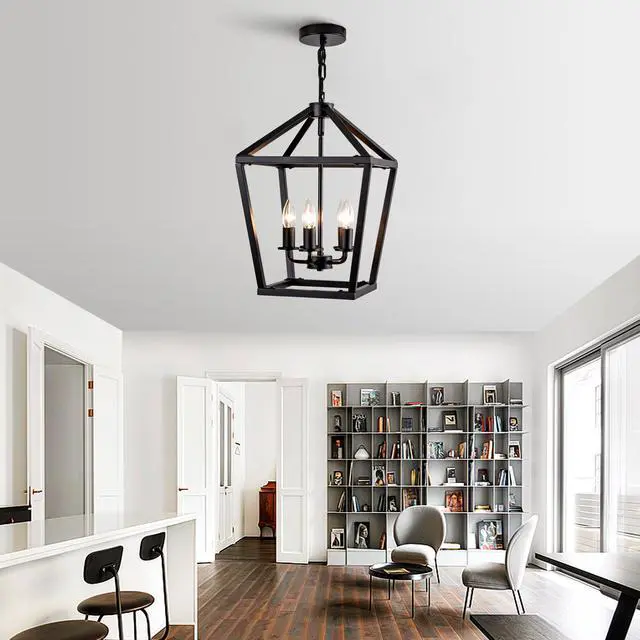 Alt view image 3 of 7 - Farmhouse Lantern Chandelier 5-Light, industrial Black Ceiling Light Fixture with Rustic Open Cage and Adjustable Hanging Height, E12 Base for Kitchen Island, Dining Room, Entryway, Foyer