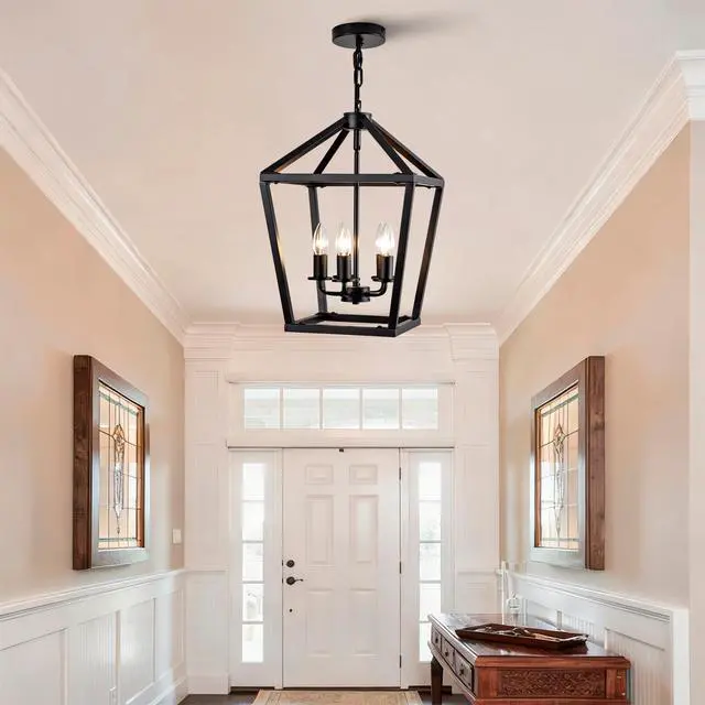 Alt view image 5 of 7 - Farmhouse Lantern Chandelier 5-Light, industrial Black Ceiling Light Fixture with Rustic Open Cage and Adjustable Hanging Height, E12 Base for Kitchen Island, Dining Room, Entryway, Foyer