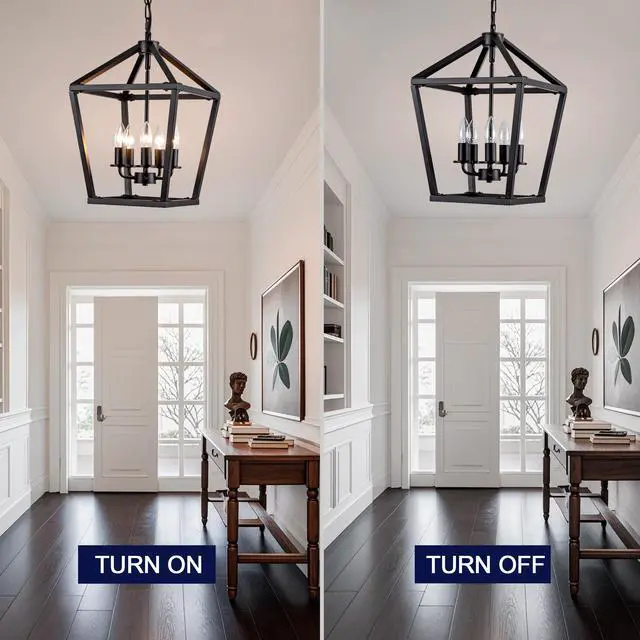 Alt view image 6 of 7 - Farmhouse Lantern Chandelier 5-Light, industrial Black Ceiling Light Fixture with Rustic Open Cage and Adjustable Hanging Height, E12 Base for Kitchen Island, Dining Room, Entryway, Foyer