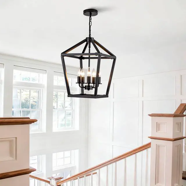Alt view image 4 of 7 - Farmhouse Lantern Chandelier 5-Light, industrial Black Ceiling Light Fixture with Rustic Open Cage and Adjustable Hanging Height, E12 Base for Kitchen Island, Dining Room, Entryway, Foyer