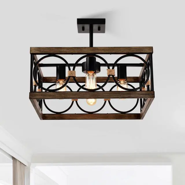 Alt view image 4 of 7 - 4-Light Square Kitchen Island Lights Ceiling Light Farmhouse Dining Room Light Fixture, Wood and Black Metal Rectangular Ceiling Light, Ceiling Lighting for Living Room,Conference Room, Home Office