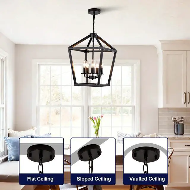 Alt view image 7 of 7 - Farmhouse Lantern Chandelier 5-Light, industrial Black Ceiling Light Fixture with Rustic Open Cage and Adjustable Hanging Height, E12 Base for Kitchen Island, Dining Room, Entryway, Foyer