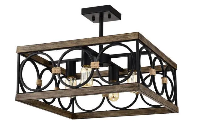 Alt view image 3 of 7 - 4-Light Square Kitchen Island Lights Ceiling Light Farmhouse Dining Room Light Fixture, Wood and Black Metal Rectangular Ceiling Light, Ceiling Lighting for Living Room,Conference Room, Home Office